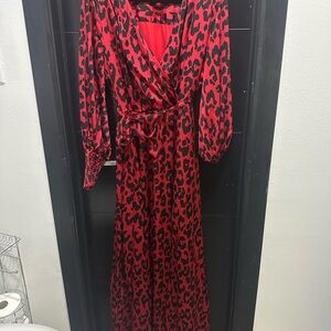New York & Company Red and Black Animal Print Long Sleeve Dress